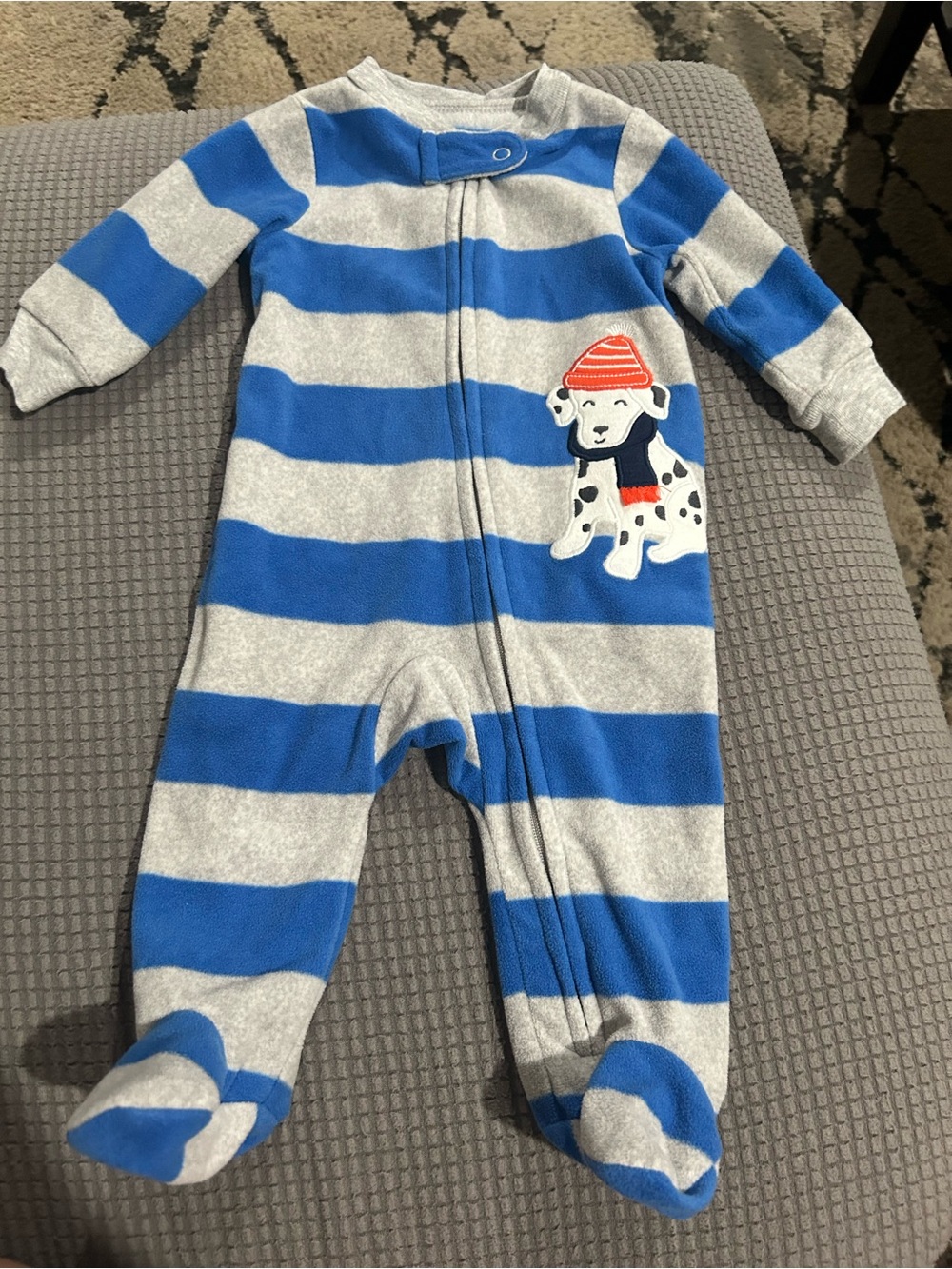 Carter's Blue & Gray Striped Footed One-Piece with Puppy Patch